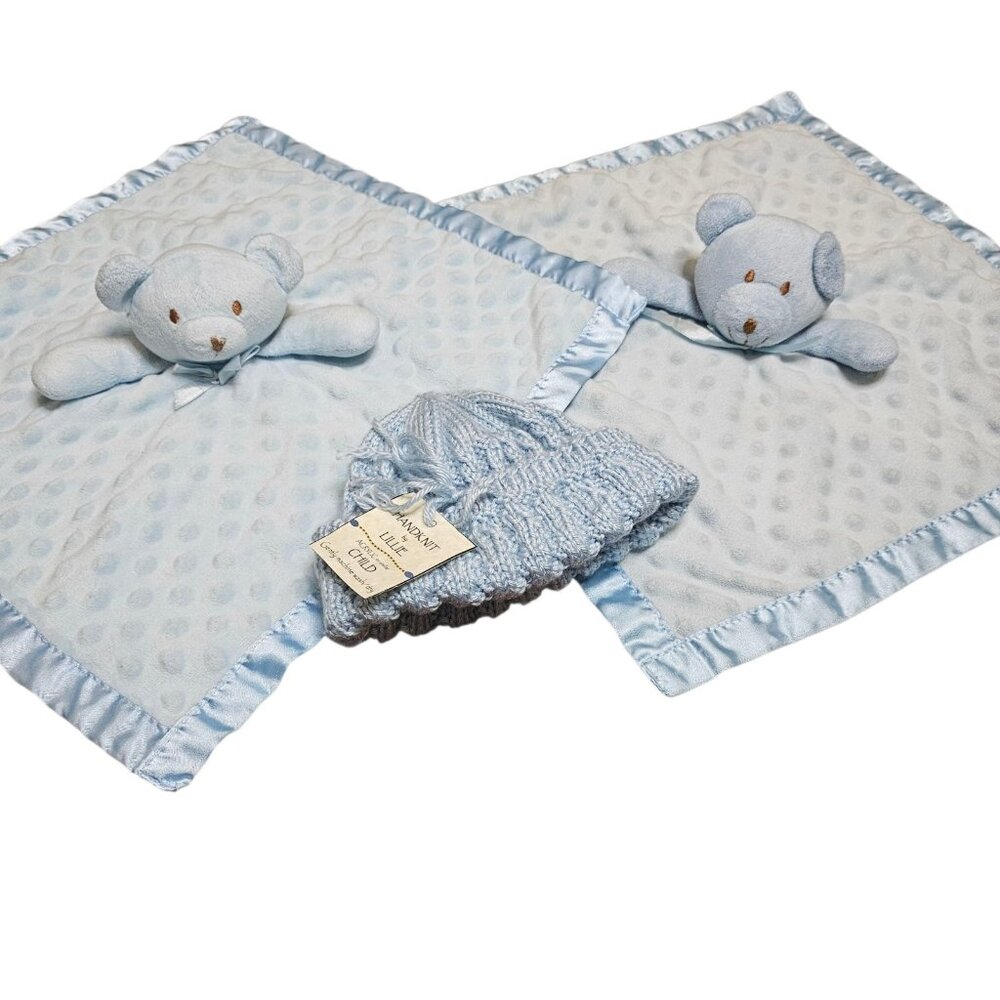 Lot Of 2 Pro Goleem Blue Teddy Bear Satin Minky Security‎ Blanket Lovey Knit Hat